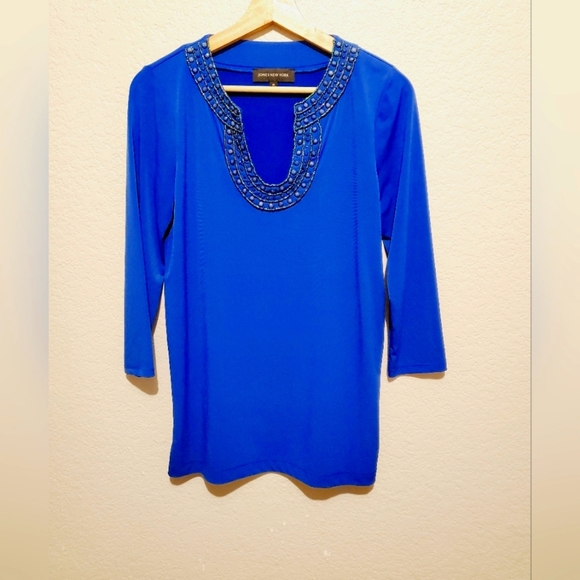 💚5/$25 Jones New York Cobalt Blue Beaded Crystal Neck Blouse Size XS - Picture 2 of 5